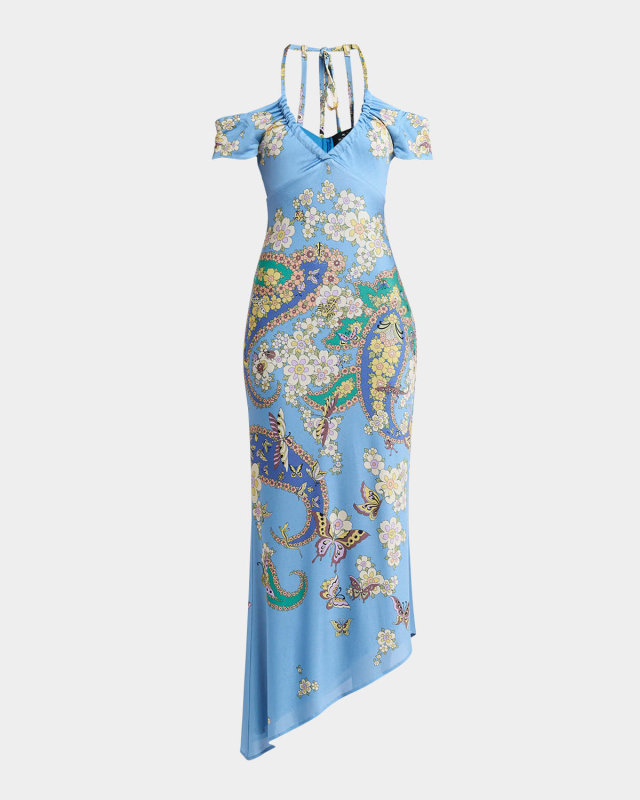 Blue Lucky Charm Jersey Halter Midi Dress